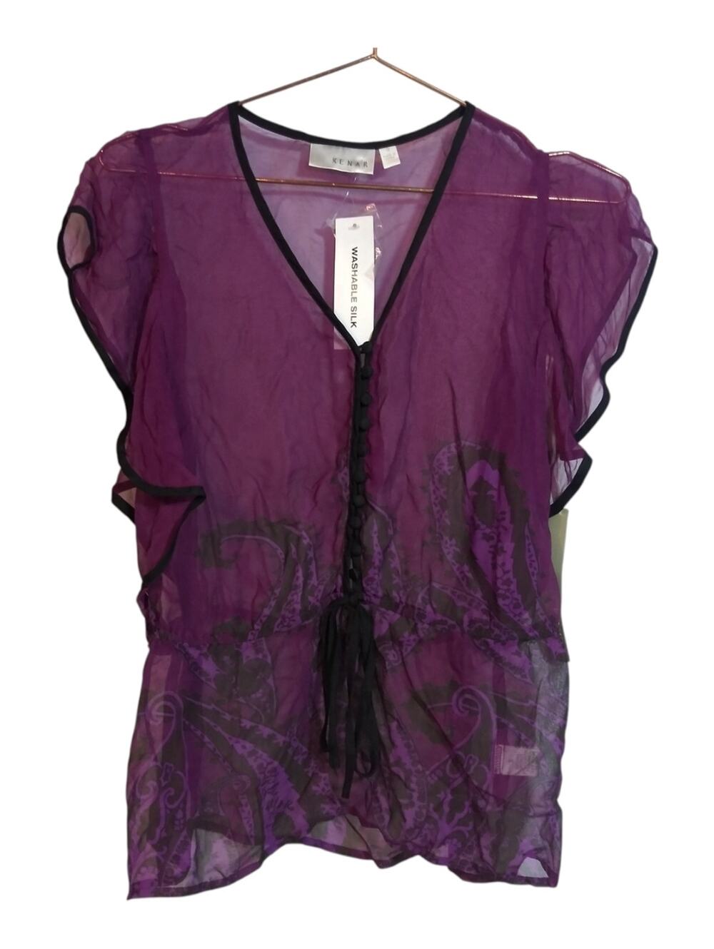 Kenar Purple Sheer Silk V-Neck Blouse Flutter Sleeve Button Front Y2K Fairy Sz S